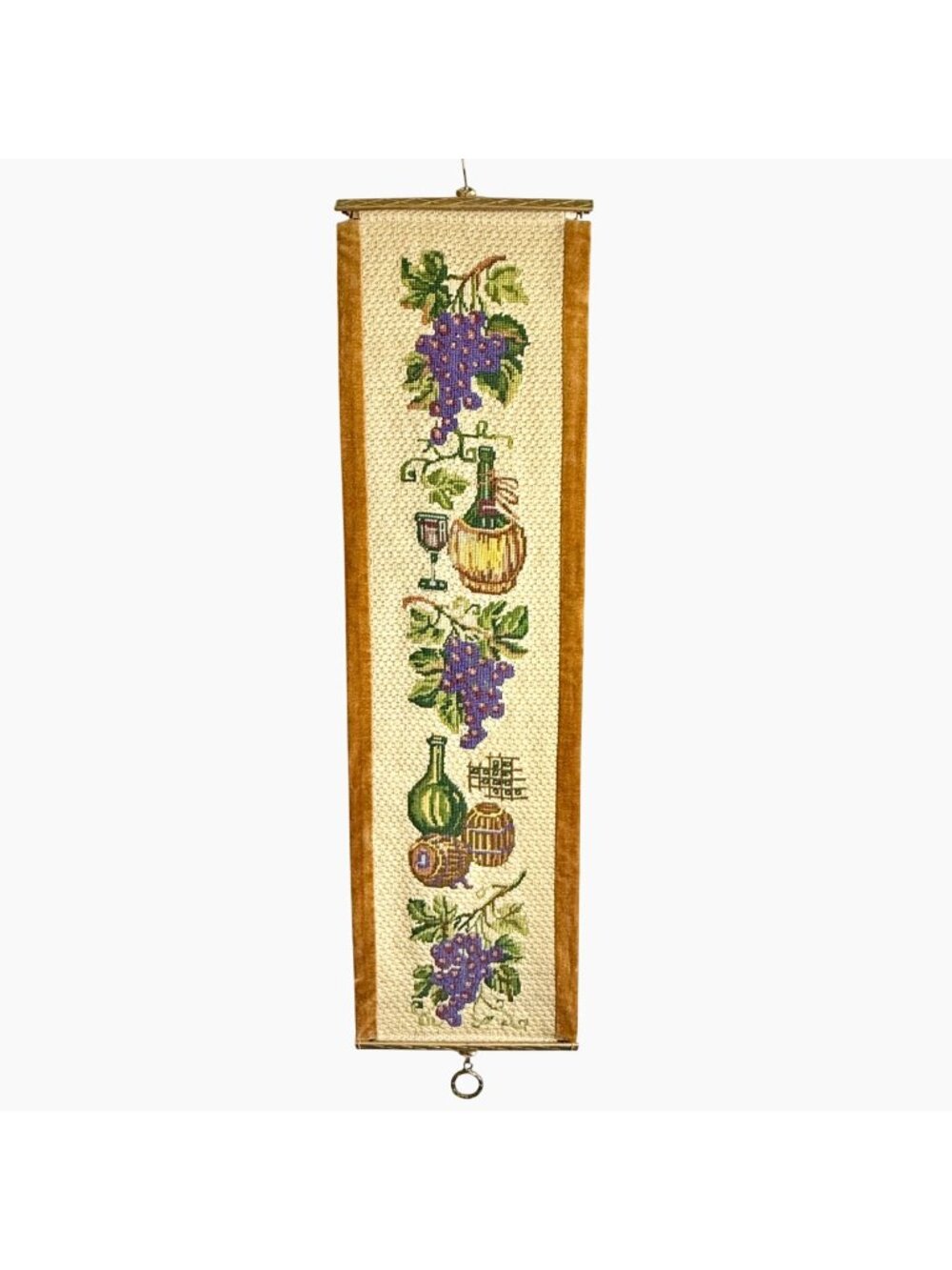 Vintage Wine Grapes Bell Pull 41" Wall Hanging Jacmore Co Brass Needlepoint
